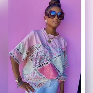 Oli & Hali Pink Patchwork Lace-Trim Sweatshirt OVERSIZED